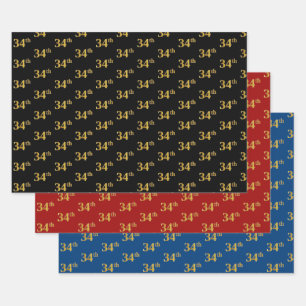 Elegant Black, Red, Blue, Faux Gold 34th Event # Wrapping Paper Sheet