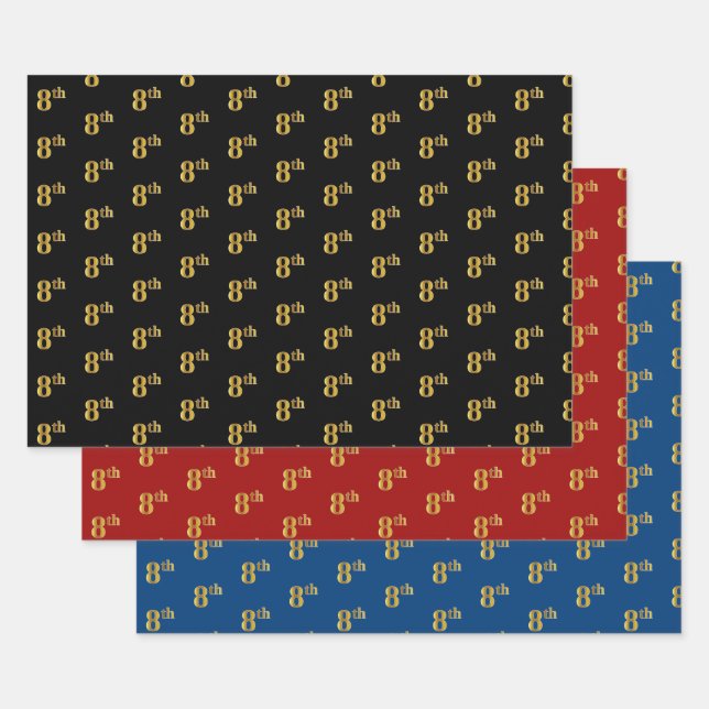 Elegant Black, Red, Blue, Faux Gold 8th Event # Wrapping Paper Sheet (Set)