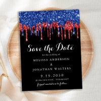Elegant Black Red Blue Glitter Drips Save The Date