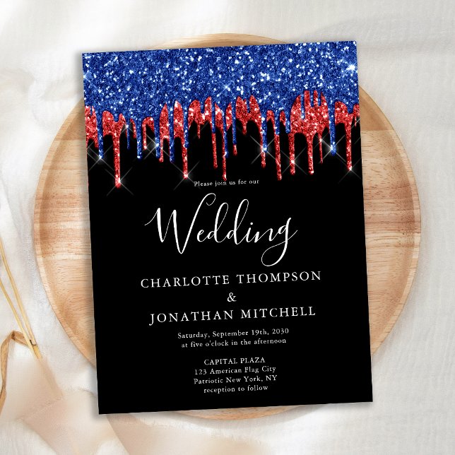 Elegant Black Red Blue Glitter Drips Wedding Invit Postcard (Creator Uploaded)