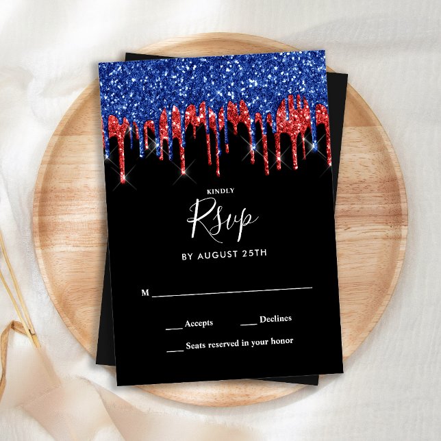 Elegant Black Red Blue Glitter Drips Wedding RSVP Card (Creator Uploaded)