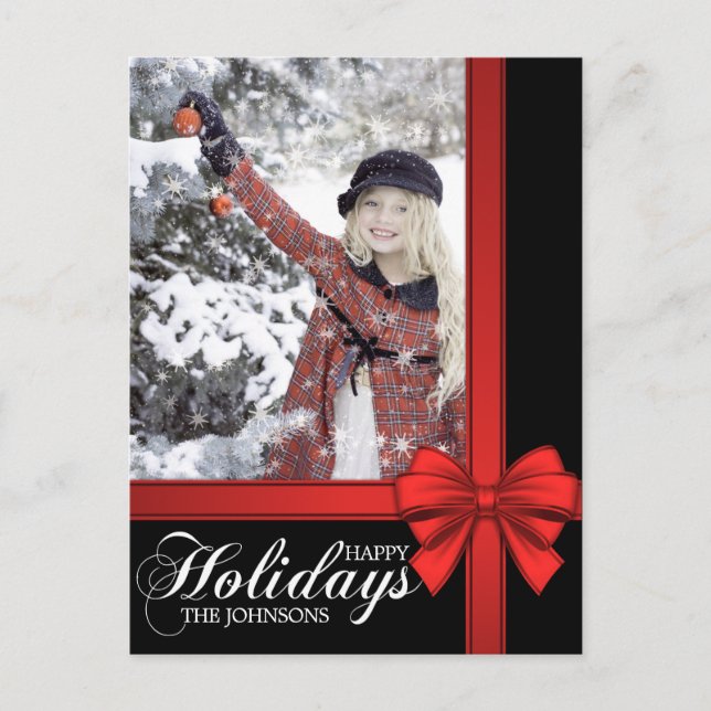 Elegant Black Red Bow Christmas Gift Wrap | PHOTO Holiday Postcard (Front)