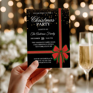Elegant Black Red Bow Christmas Holiday Party Invitation