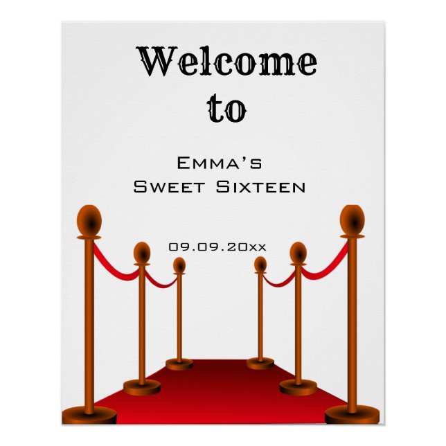 Elegant Black Red Carpet Sweet 16 Birthday Welcome Poster (Front)