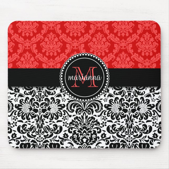 Elegant Black Red Damask Personalised Mouse Pad (Front)