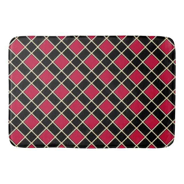 Elegant Black Red Diamond Pattern Bath Mat (Front)
