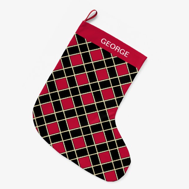 Elegant Black & Red Diamond Pattern Large Christmas Stocking (Front (Hanging))