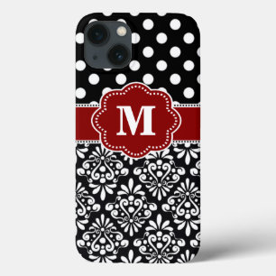 Elegant Black Red Dot Damask Monogram Case