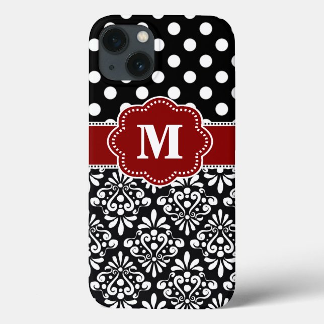 Elegant Black Red Dot Damask Monogram Case (Back)