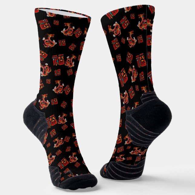 Elegant Black Red Dragon Chinese New Year Lucky 福 Socks (Angled)