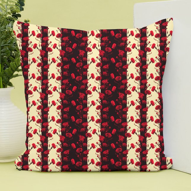 Elegant Black Red Floral Pattern Carnation Stripes Cushion (Creator Uploaded)