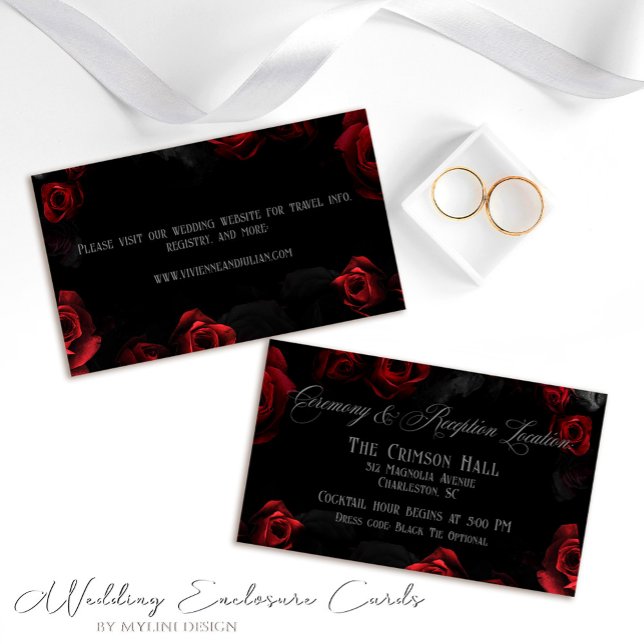 Elegant Black Red Floral Wedding Details Card (Creator Uploaded)