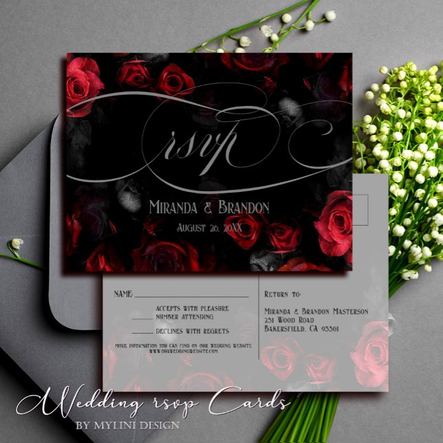 Elegant Black Red Floral Wedding RSVP Postcard (Creator Uploaded)