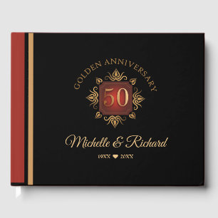 Elegant Black Red Gold 50th Anniversary Guest Book