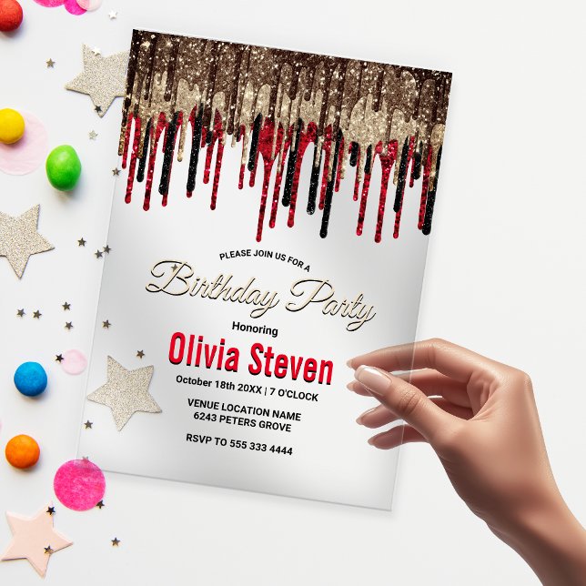 Elegant black red gold drips glitter birthday  acrylic invitations (Creator Uploaded)