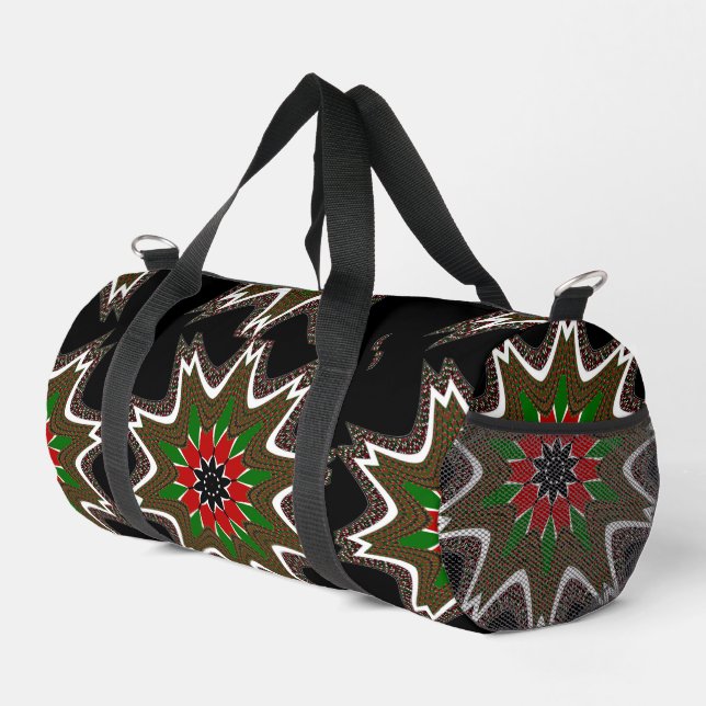 Elegant Black Red Green Floral  Art Pattern Design Duffle Bag (Right Corner)