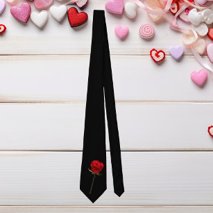 Elegant Black Red Long Stem Rose Valentine's Day Tie