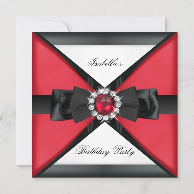 Elegant Black Red Pearl Bow White Birthday Party Invitation (Front)