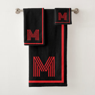 Elegant Black &Red Personalised Monogram  Bath Towel Set