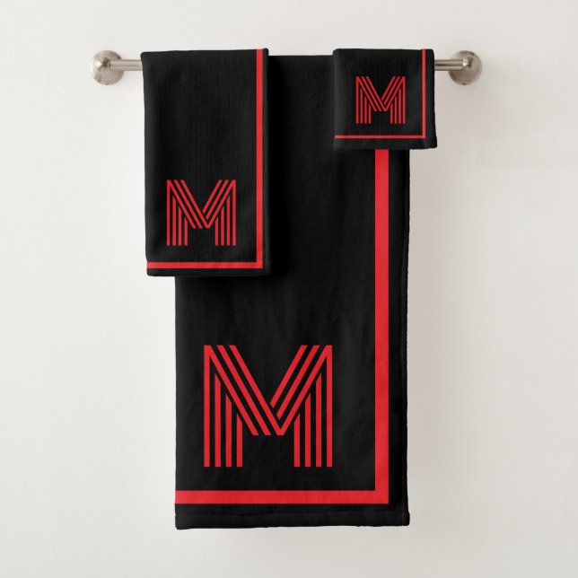 Elegant Black &Red Personalized Monogram  Bath Towel Set (Insitu)