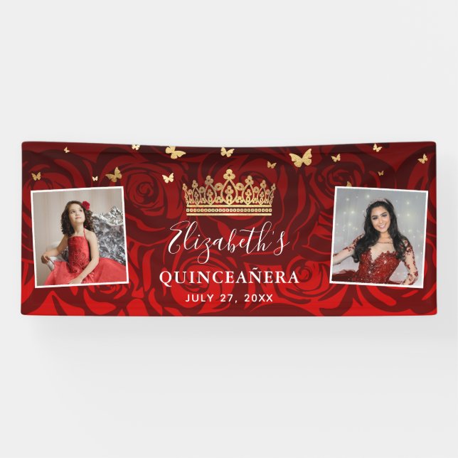 Elegant Black Red Rose Gold Birthday Quinceanera Banner (Horizontal)