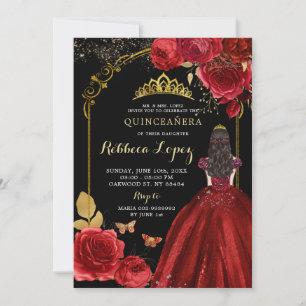 Elegant Black Red Roses Princess XV Años Invitation
