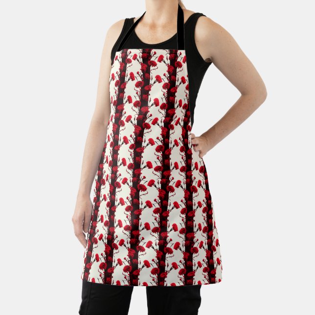 Elegant Black Red White Floral Stripes Carnation Apron (Insitu)
