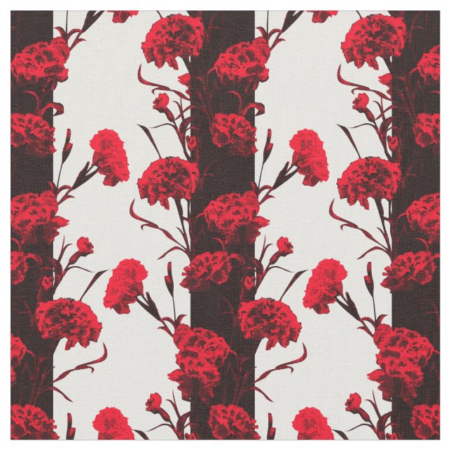 Elegant Black Red White Floral Stripes Carnation Fabric (Close Up)