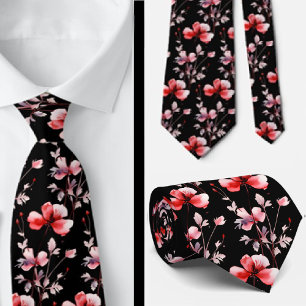 Elegant Black Red Wildflowers Neck Tie