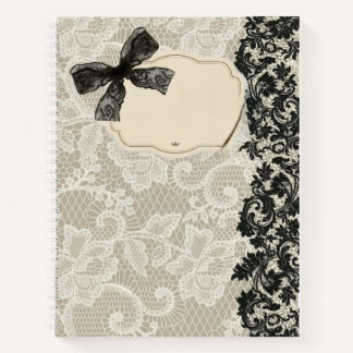 Elegant Black Ribbon Bow & Floral Damask Border Notebook
