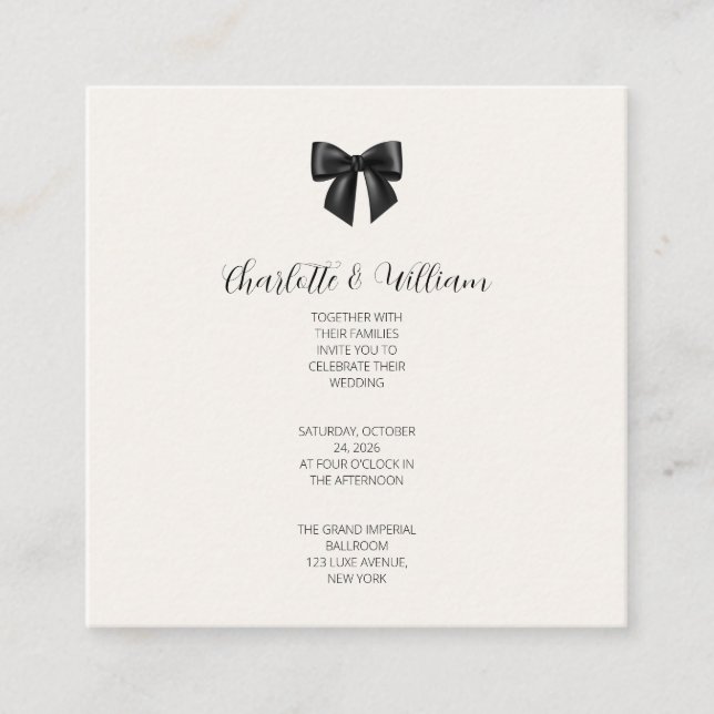 Elegant Black Ribbon Bow Wedding Invitation Card (Front)