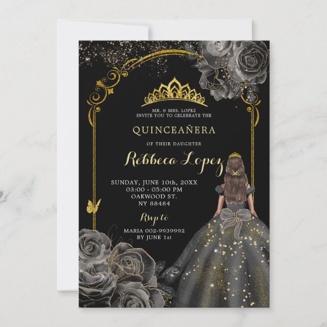 Elegant Black Rose and Gold Princess Quinceañera Invitation (Front)