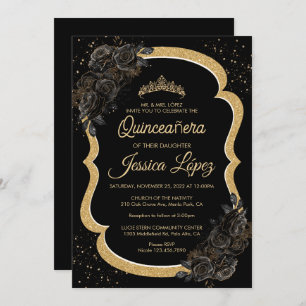 Elegant Black Rose and Gold Quinceanera  Invitation