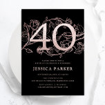 Elegant Black Rose Gold 40th Birthday Invitation<br><div class="desc">Elegant black rose gold 40th birthday party invitation. Customisable modern feminine design featuring roses botanical accents and faux glitter rose gold. Simple floral invite card perfect for a stylish female bday celebration. Personalise with your own details. Printed Zazzle invitations or instant download digital printable template.</div>