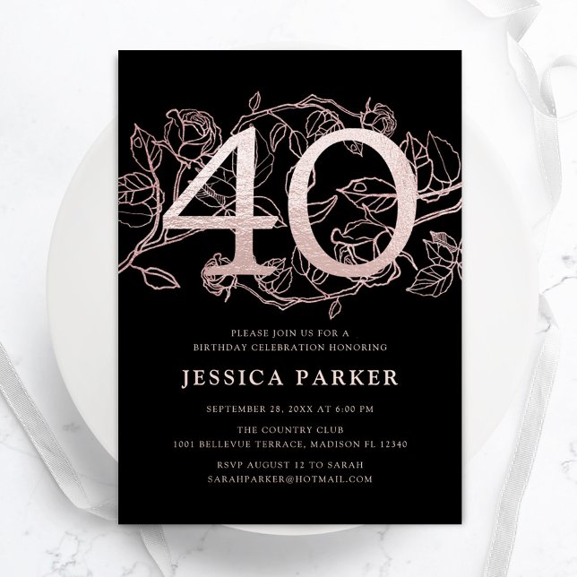 Elegant Black Rose Gold 40th Birthday Invitation (Creator Uploaded)