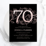 Elegant Black Rose Gold 70th Birthday Invitation<br><div class="desc">Elegant black rose gold 70th birthday party invitation. Customisable modern feminine design featuring roses botanical accents and faux glitter rose gold. Simple floral invite card perfect for a stylish female bday celebration. Personalise with your own details. Printed Zazzle invitations or instant download digital printable template.</div>