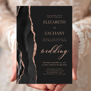 Elegant Black Rose Gold Agate Dark Wedding Invitation