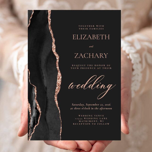 Elegant Black Rose Gold Agate Dark Wedding Invitation (Creator Uploaded)