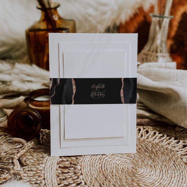 Elegant Black Rose Gold Agate Dark Wedding Invitation Belly Band (Creator Uploaded)
