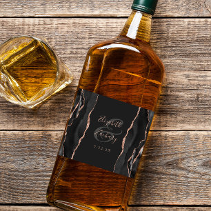 Elegant Black Rose Gold Agate Dark Wedding Liquor Bottle Label