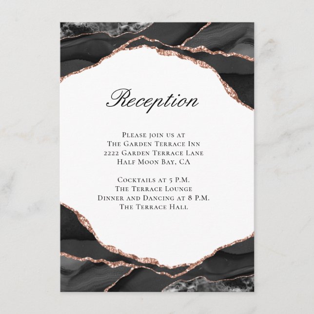 Elegant Black Rose Gold Agate Wedding Reception Enclosure Card (Front)