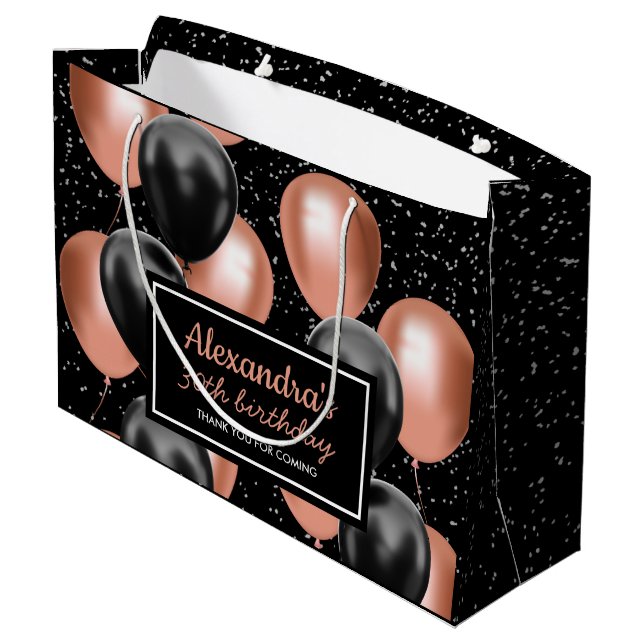 Elegant Black Rose Gold Balloon Birthday Large Gift Bag (Back Angled)