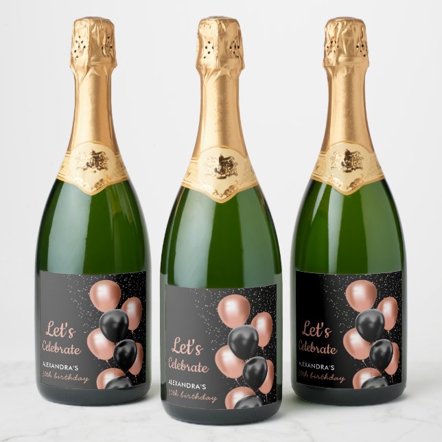 Elegant Black Rose Gold Balloon Chic  Birthday Sparkling Wine Label (Bottles)
