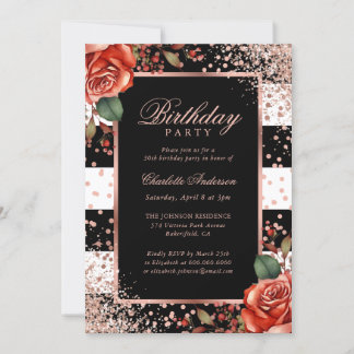 Elegant Black Rose Gold Confetti Floral Birthday Invitation