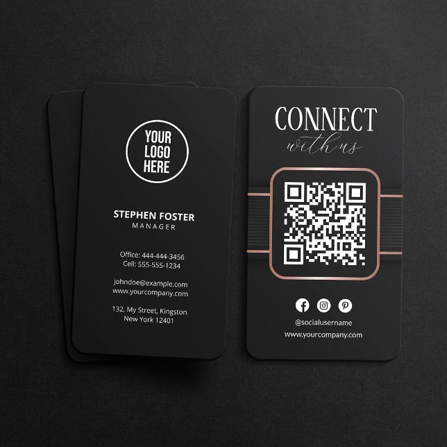 Elegant Black Rose Gold Connect With Us QR Code Business Card (Creator Uploaded)