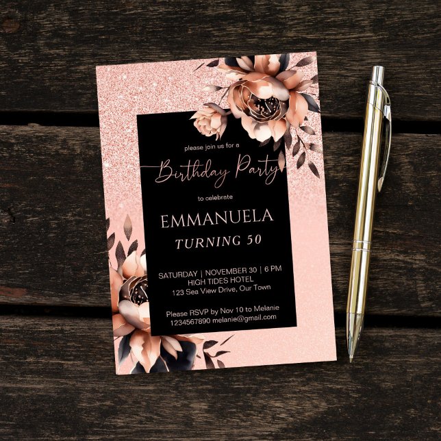 Elegant black rose gold floral birthday template (Elegant black rose gold floral birthday party editable template invitation digital download)
