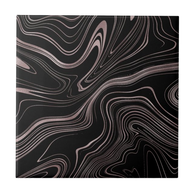 Elegant Black Rose Gold Fluid Marble Tile (Front)
