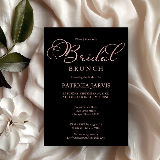 Elegant Black Rose Gold Foil Script Bridal Brunch Invitation (Creator Uploaded)