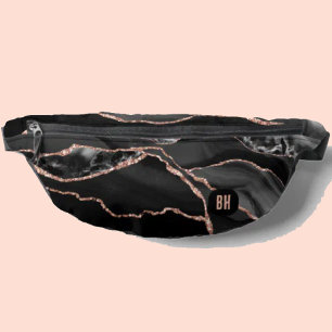 Elegant Black Rose Gold Glitter Agate Marble  Bum Bags