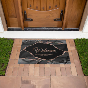 Elegant Black Rose Gold Glitter Agate Personalised Doormat